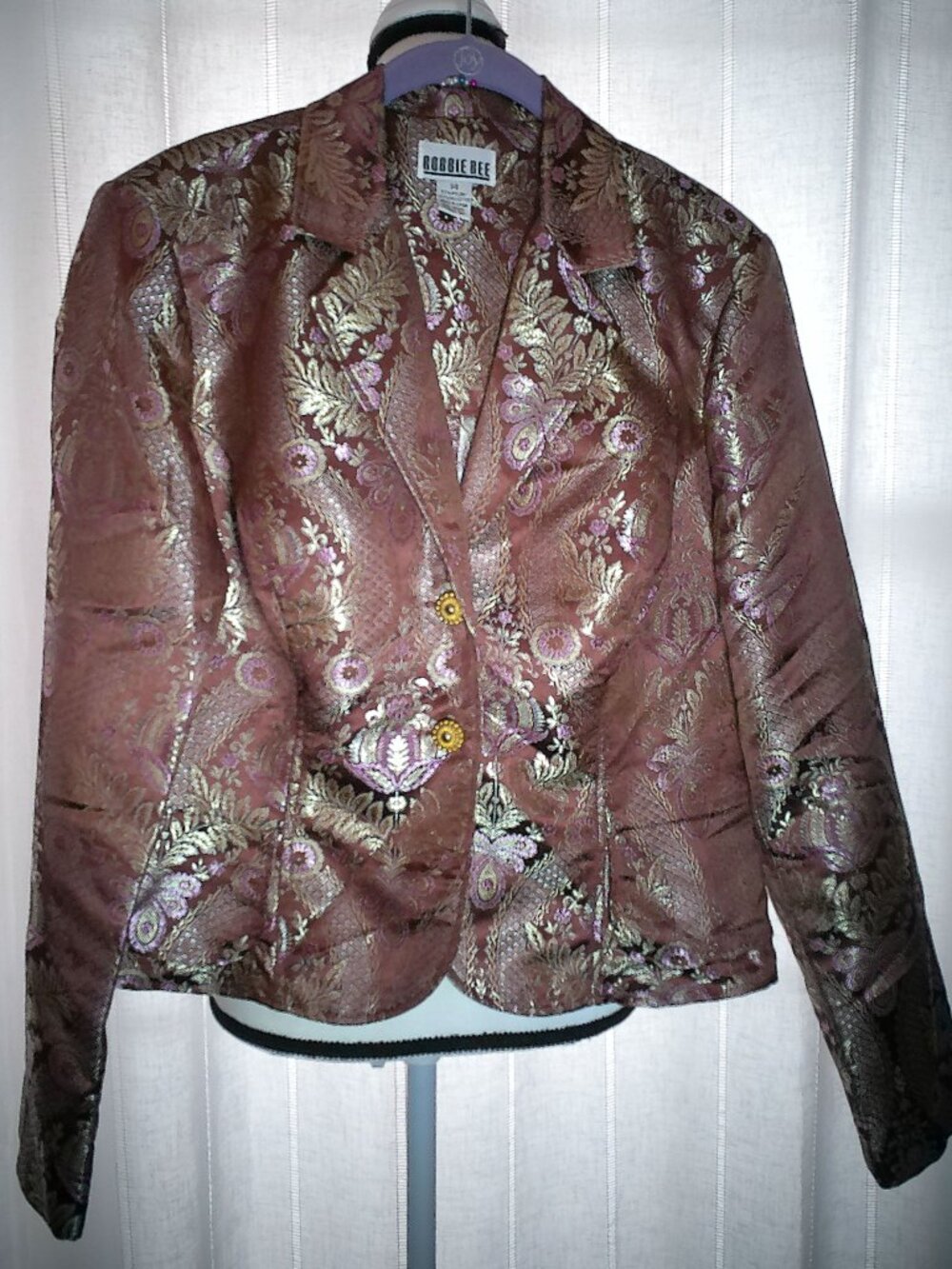ROBBIE BEE Long Slve Collared Gold Button-Up Front Brown w/Gold Design Jacket 14